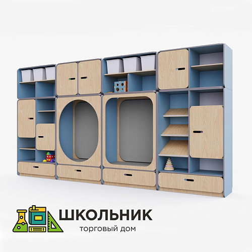 Детская стенка с местом для хранения и зонами отдыха